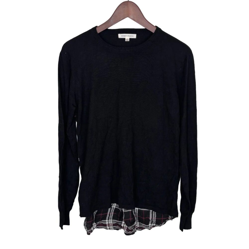 Honey Punch Black White Plaid Long Sleeve Sweater Women's Medium